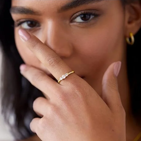 14K Gold Plated Cubic Zirconia Round 3-Stone Ring In White Gold - Picture 3 of 5